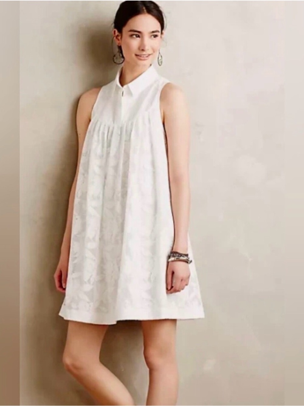 HD Paris Anthropologie Shirt Dress Sleeveless White Lace Floral Womens SMALL